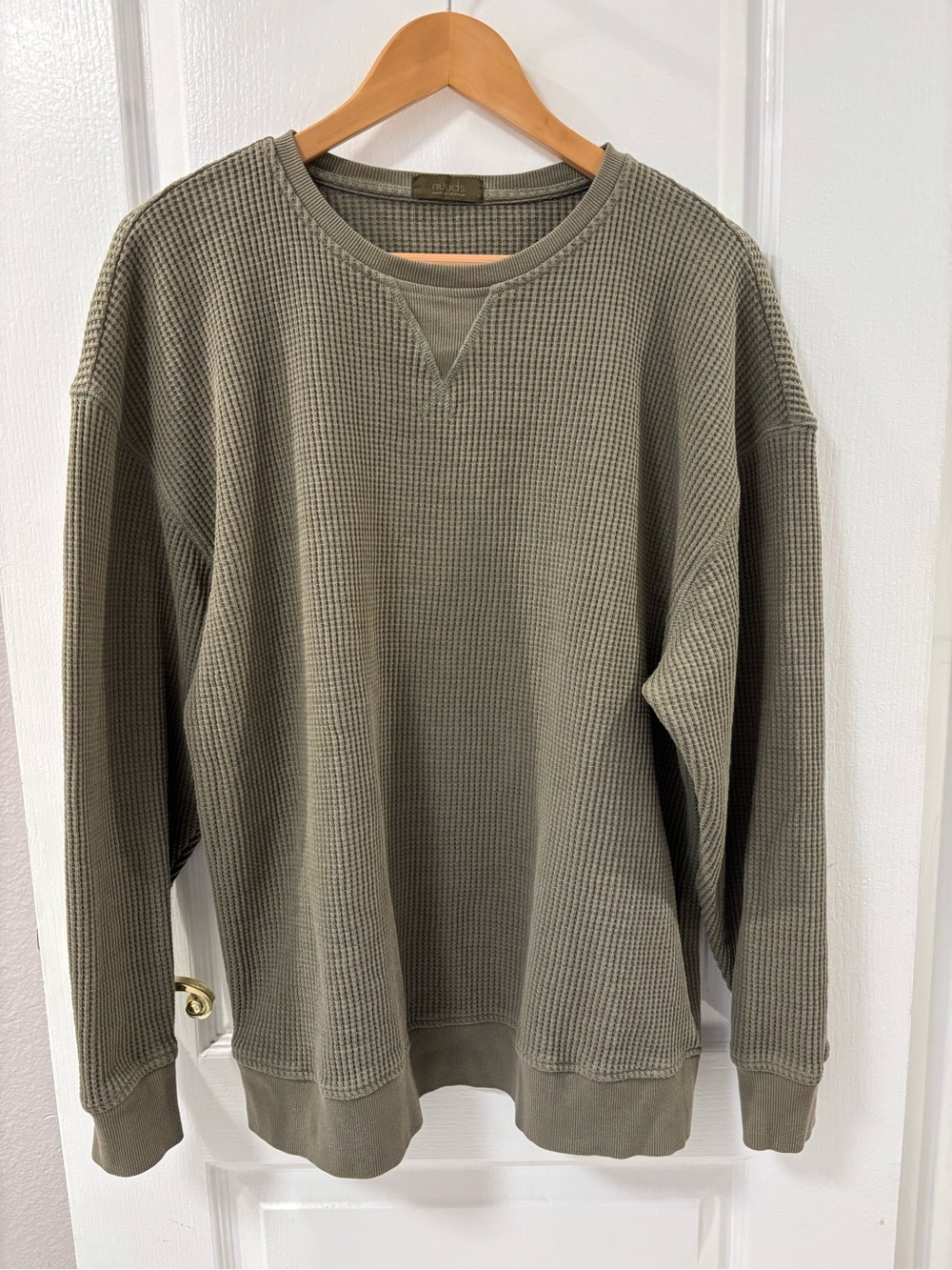 nuuds Waffle Knit Crewneck Long Sleeve Top Olive Green